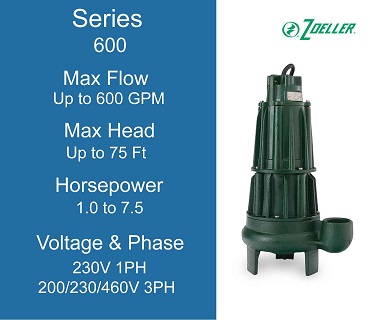 Zoeller Sewage Pumps, 600 Series, 1.0 to 7.5 Horsepower, 230 Volt 1 Phase, 200/230/460 Volts 3 Phase